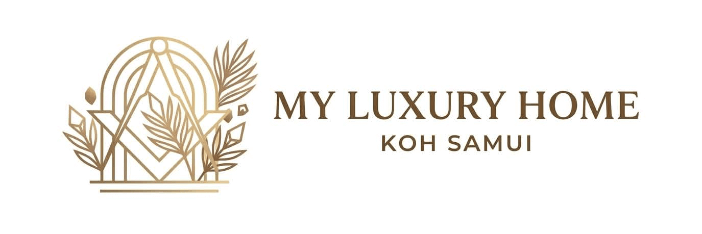 Logo horizontal My Luxury Home Koh Samui avec symbole architectural et végétal doré